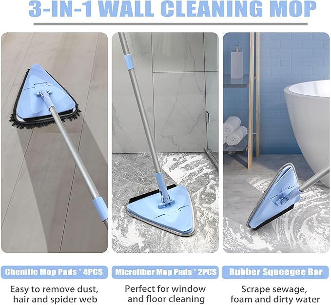 NEWE Wall Mop Cleaner with 80 Inches Long Handle, 180° Folding Ceiling Cleaning Tool with Squeegee, Triangle Baseboard Scrubber with 4 Chenille Duster and 2 Microfiber Pads for Washing Painted Walls