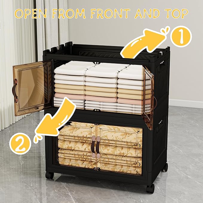 Storage Bins with Lids and Wheels, Collapsible Bathroom Storage Cabinet with Clear Doors, Plastic Stackable Closet Organizers and Storage Containers Black 314 QT