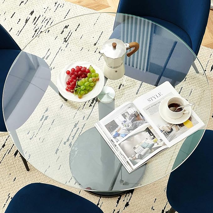 5-Pieces Small Round Kitchen Dining Table Set for 4, Contemporary Glass Dining Room Breakfast Table Set with Upholstered Dining Accent Chairs Curved Backrest, Dinette Set for Apartment