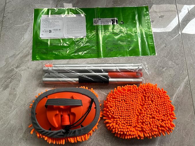 62" Car Wash Brush Mop Kit with Long Handle, 2 in 1 Chenille Microfiber Sponge Mitt Cleaning Detailing Duster for Washing Cars Truck SUV RV Caravans and Household(2 x Mop Head) (Orange)