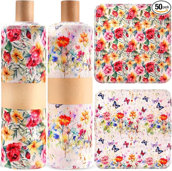 Redbaker 50 Pcs Reusable Paper Towels Paperless Reusable Cotton Cloths Toilet Absorbent Washable Paper Towels with Roll Kitchen Dishcloth for Kitchen Paperless Dishcloths(Retro Flower)
