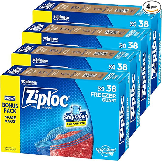 Ziploc Quart Food Storage Freezer Bags, Stay Open Design, Easy to Fill, 38 count, 4 Pack, 152 Total