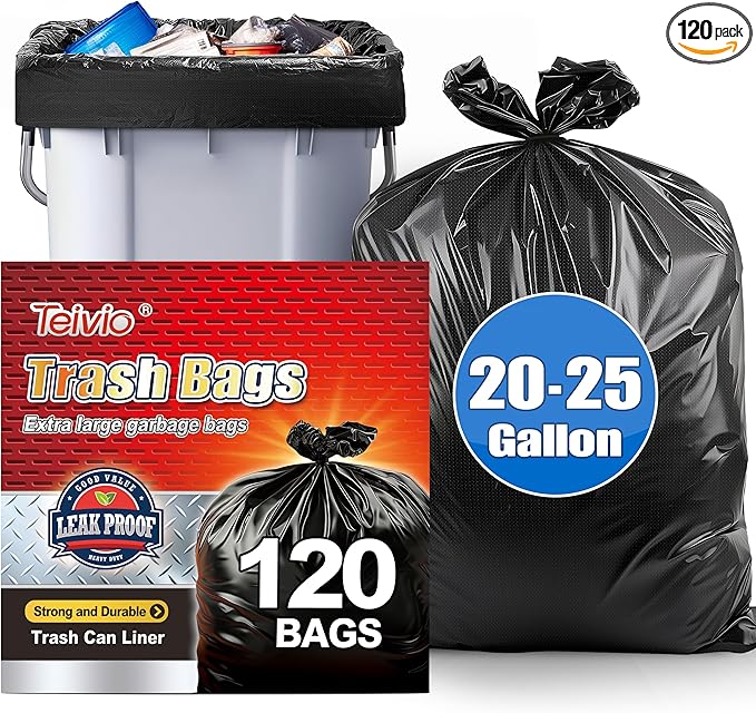 Teivio 20-25 Gallon 120 Counts Black Large Trash Bags Garbage Bags, outdoor trash bags liners for Kitchen/Yard/Industrial or Commercial Use,fit for 18, 20,21, 23 and 25 gallon, Black