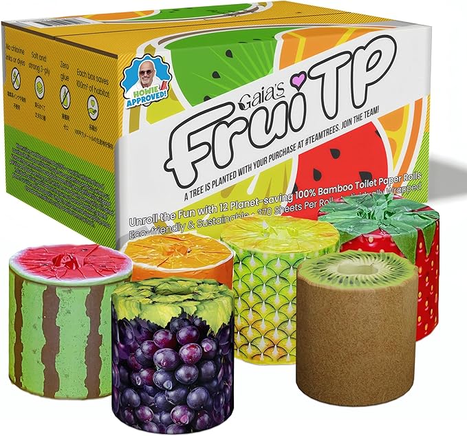 Gaias Premium and Soft Fruit TP Organic Bamboo Toilet Paper | 48 Mega Rolls, 3 Ply, 370 Sheets | FSC Certified, PFAS & BPA Free, Eco-Friendly, Sustainable Tissue - Plastic Free, Septic Safe, Vegan