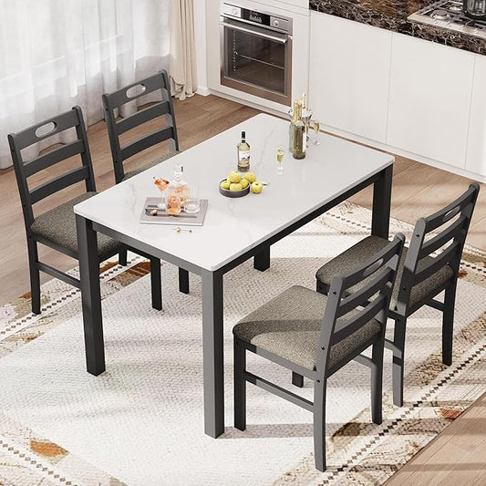 PHI VILLA Dining Table Set for 4, Modern Farmhouse Kitchen Table Set, Faux Marble Dining Table and 4 Cushioned Chairs, Solid Rubber Wood Dining Room Table Set, Venatino White Marble& Black