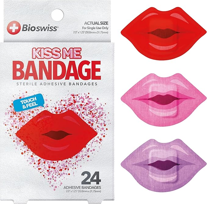 BioSwiss Kids Bandages, Lips Shaped Self Adhesive Bandage Set, Latex Free, Sterile Wound Care, 24 Count