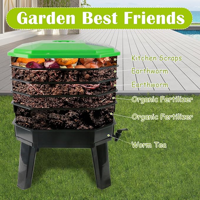 5-Layer Tray Worm Composter, Sustainable for Both Indoor & Outdoor, Worm Compost Bin for Vermicomposting Starter, Recycling Food Wastes