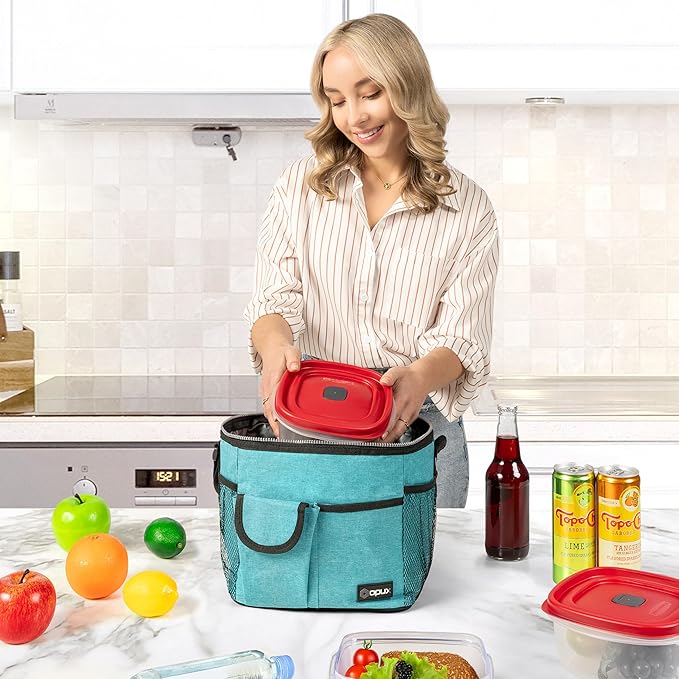 opux Insulated Lunch Bag for Men Women, Leakproof Sea Blue Lunch Box for Work, Portable Soft Lunch Cooler Bag with Shoulder Strap, Adult Lunchbox Lunch Pail for Kid Boy Girl School, 18 Can/10L