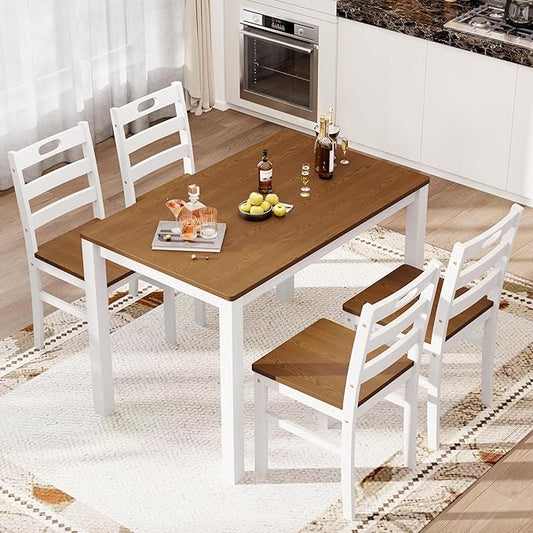 PHI VILLA Dining Table Set for 4, Classic Farmhouse Kitchen Table with 4 Chairs with Built-in Handle, Solid Wood Rectangle Dinner Table Set, American Walnut& White