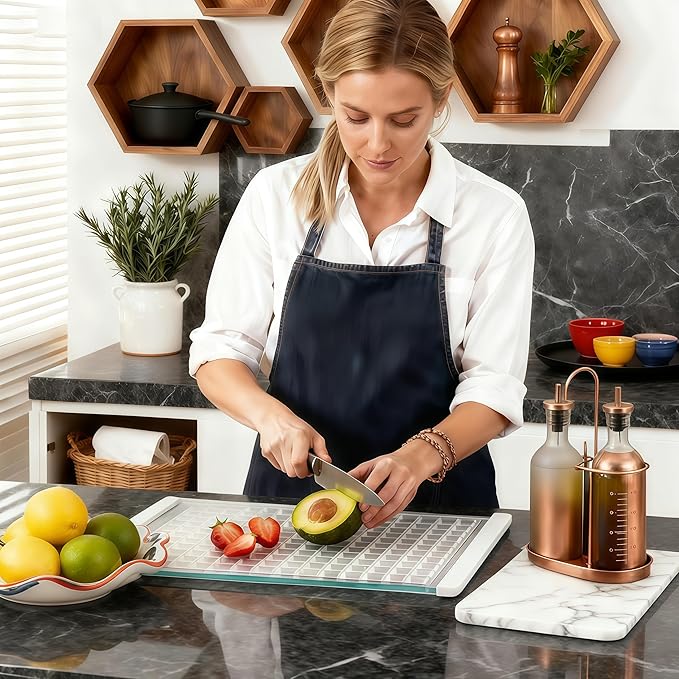 Geometric Relief Tempered Glass Cutting Board for kitchen with Juice Groove, Modern Stylish Non-Slip Glass Chopping Board for Kitchen,Serving Trays for Party,Dishwasher Safe & Easy to Clean
