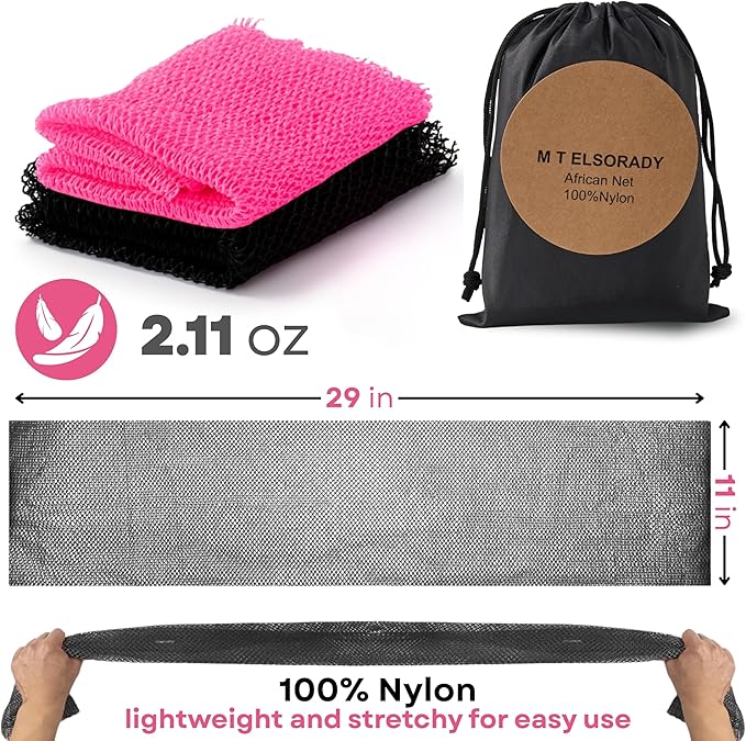 Premium 2X African net Sponge Authentic Exfoliating Body Scrubber for Shower Long Quick Dry 100% Nylon Deep Cleansing Back and Pore Scrubber Bath Sponge for Shower