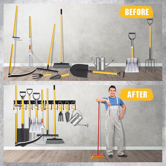 ELEAD 68'' All Metal Adjustable Garden Tool Organizer: Garage Tool Organizer Wall Mount with Yellow Hooks, Garage Organizers and Storage, Tool Hangers for Shed