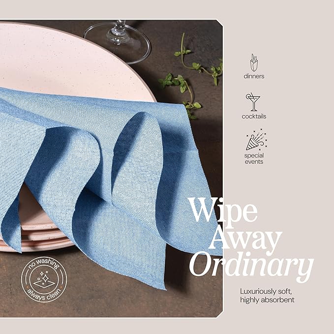 Disposable Cloth-Like Cocktail Napkins, 200 Pack 10" x 10" Linen-Feel Blue Denim Beverage Paper Napkins For Bar, Café, Wedding Or Party