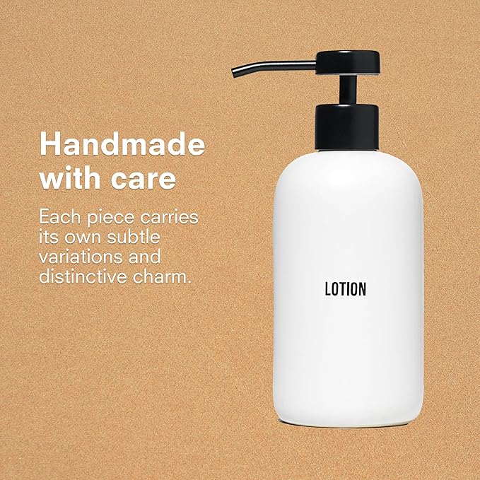 Public Goods Ceramic Lotion Dispenser Pump for Bathroom | Hand & Body Lotion Refill Bottle | Made Stoneware and Black Stainless Steel | 12 Oz Dispenser