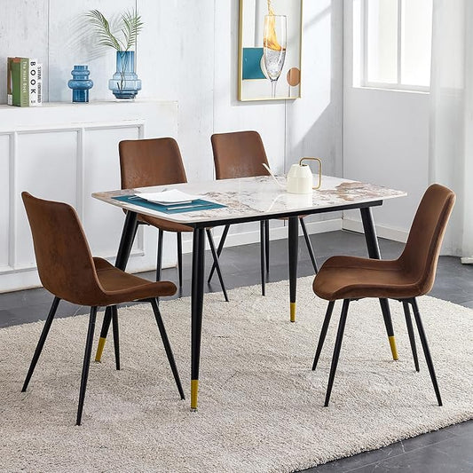 Marble Modern Dining Table Set for 4, 50" Sintered Stone Kitchen Table and 4 Upholstered Suede Leather Chair Dining Room Table Set for 4(1Marble Table and Brown Chairs Set of 4)