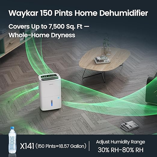 Waykar 7,500 Sq. Ft 2025 Energy Star Dehumidifier with Pump, Max 150 Pints dehumidifier for Basement, Home, Warehouse, with Drain Hose, Auto Defrost, Self-Drying,Quiet Operation