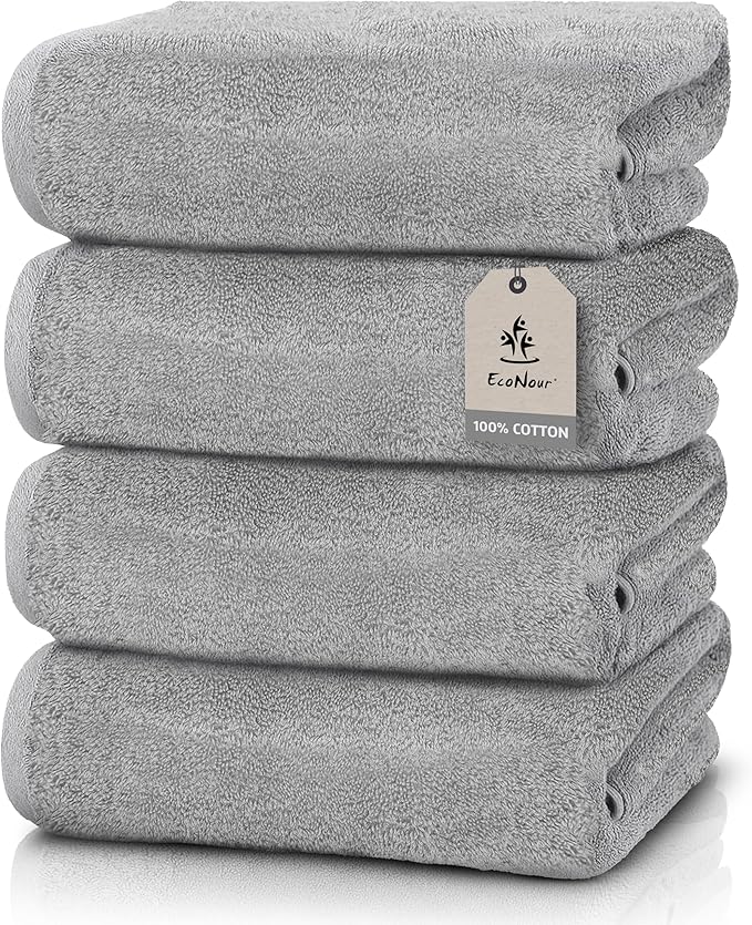 EcoNour 4 Pack Grey Bath Towels | 27x54 Inch Cotton Towel Set for Bathroom, Gym, Spa & Travel | Soft, Quick-Drying, Lightweight & Absorbent Towels for Daily Use