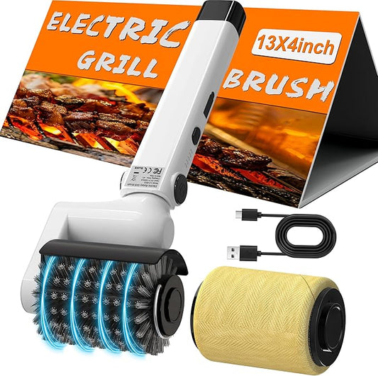 HHXRISE Electric Grill Brush for Outdoor Grill: Rechargeable BBQ Grill Cleaner with 2 Heads (Steel Wire & Flame Resistant Sponge) - 2-Speed - 90°Adjustment - Effortless Grill Grates Cleaning