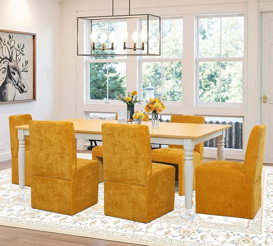Upholstered Dining Chairs Set of 6 Modern Kitchen & Dining Room Chairs Linen Fabric Dining Chairs with Wooden Frame, Yellow