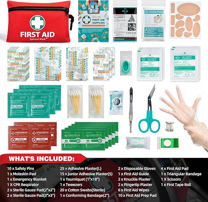 General Medi Mini First Aid Kit, 110 Piece Small First Aid Kit - Includes Emergency Foil Blanket, Scissors for Travel, Home, Office, Vehicle, Camping, Workplace & Outdoor (Red) (Pack of 2)