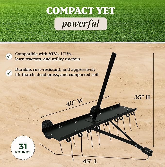 Yard Tuff Tine Dethatcher Attachment, 40 Inch Pull Behind Thatcher for Lawn Mower, Tractor and ATVs, with Heat-Treated Tines for Grass, Leaves, Debris