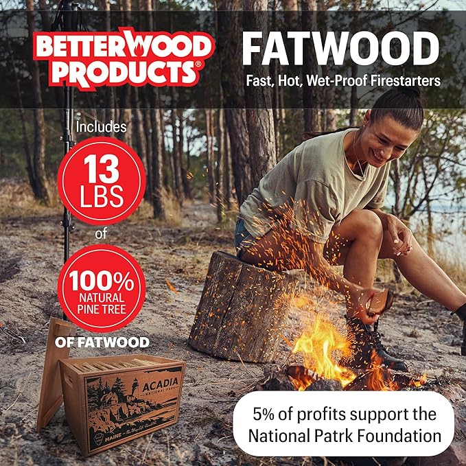 Better Wood Products Limited Edition Protect The Parks Series All Natural Fatwood Fire Starter Sticks, 13 Pound Wooden Crate, Acadia Box