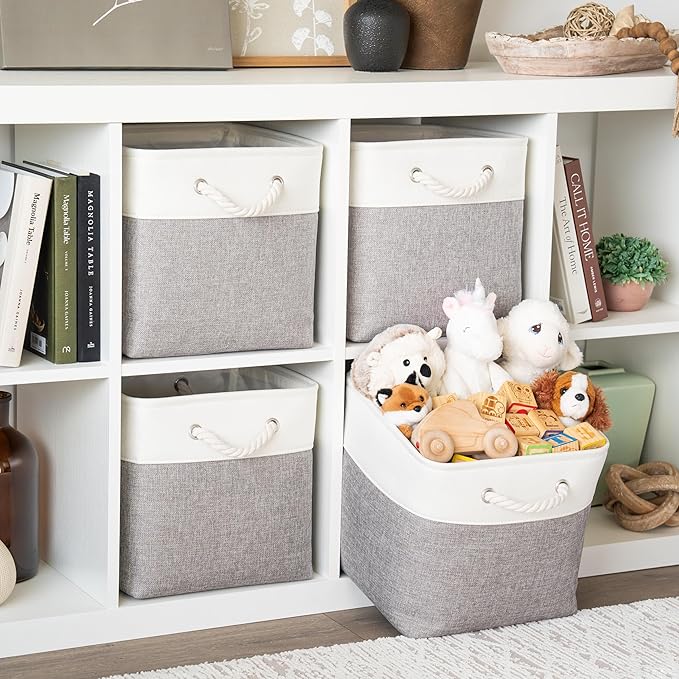OrganiHaus 12x12 Cube Storage Bins 3 Pack, Foldable Cube Storage Organizer w/ Rope Handles, Collapsible Fabric Bins for Toys, Clothes & Closet Organization, Fabric Square Baskets - Gray/White