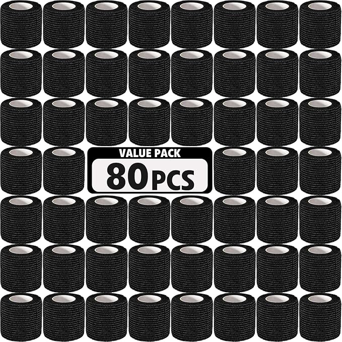 AZEN 80 Pack Self Adhesive Bandage Wrap Black, 2" X 5 Yards Black Athletic Tape, Vet Wrap, Tattoo Grip Tape Wrap，Ankle Tape, Cohesive Bandage Wrap