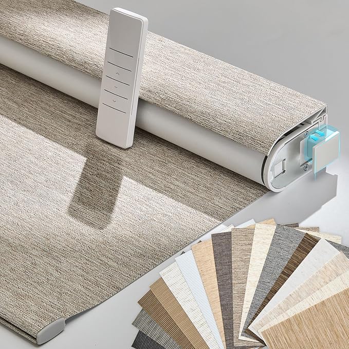 Persilux Smart Motorized Blinds with Remote, No Drill Automatic Roller Shades for Indoor Windows, Blackout Linen Fabric, Electric Blinds for Windows, Linen Light Brown C156BO-3, Custom Size