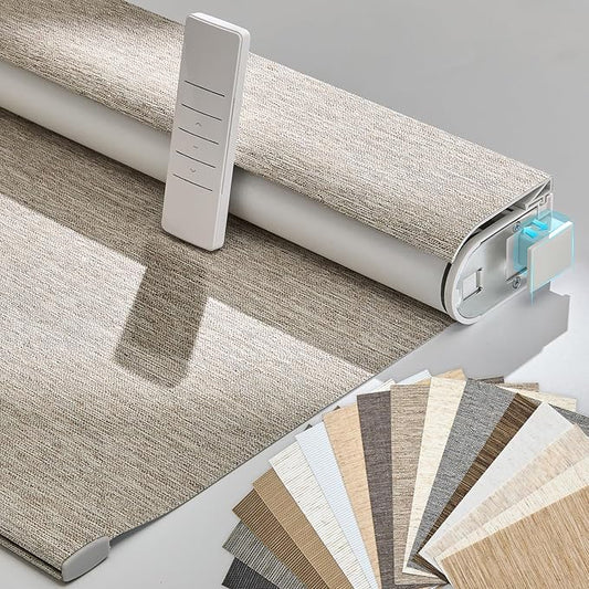 Persilux Smart Motorized Blinds with Remote, No Drill Automatic Roller Shades for Indoor Windows, Blackout Linen Fabric, Electric Blinds for Windows, Linen Light Brown C156BO-3, Custom Size