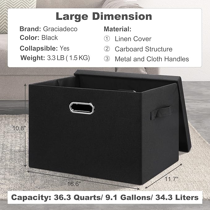 Large 17" 36 Quart Collapsible Stackable Storage Bins with Lids, 1 Pack Black Foldable Fabric Closet Storage Boxes with Lids, 4 Handles Heavy-duty Linen Cube Baskets for Bedroom