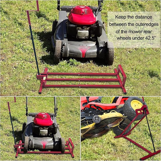 Riding Mower Lift,890 Lbs Capacity Lawn Mower Lift Jack with Manual Handle and Power Tool Extension Handle,Foldable Design,Ride on Lawn Mower Lift for Lawn Mowers and Garden Tractors, Red