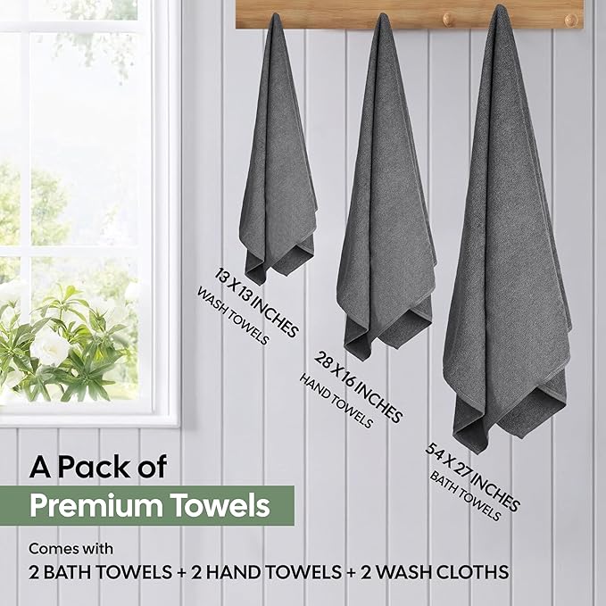 EcoNour Luxury 6-Piece Cotton Towel Set | 100% Dark Grey Turkish Cotton Towels for Bathroom, Spa, Gym & Hotel | Includes 2 Bath Towels, 2 Hand Towels, 2 Wash Cloths | Soft,Quick Dry & Highly Absorbent