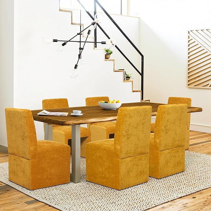 Upholstered Dining Chairs Set of 6 Modern Kitchen & Dining Room Chairs Linen Fabric Dining Chairs with Wooden Frame, Yellow