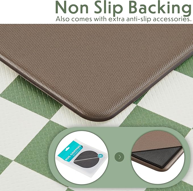 Checkered Kitchen Mats for Floor Set of 2, 2 Pcs Sage Green Cushioned Non Slip Runner Rugs for Kitchen/Sink/Laundry, Comfort Aesthetic Cute Anti-Fatigue Foam Floor Mat 17.3"x29.5"+17.3"x47.2"