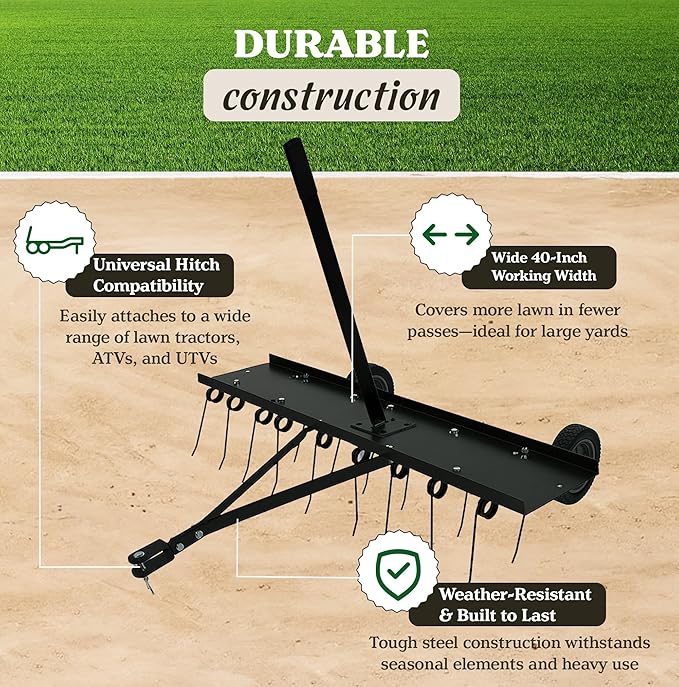 Yard Tuff Tine Dethatcher Attachment, 40 Inch Pull Behind Thatcher for Lawn Mower, Tractor and ATVs, with Heat-Treated Tines for Grass, Leaves, Debris