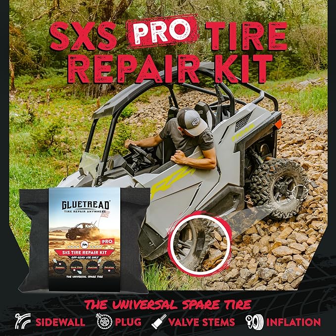 GlueTread SxS Pro Tire Repair Kit Ultimate Off-Road Tire Repair Kit Includes Sidewall Repair Patches, Colby Emergency Valve, Emergency Tire Plug Kit with 12 Plugs, T Handles and 8 CO2 Cartridges