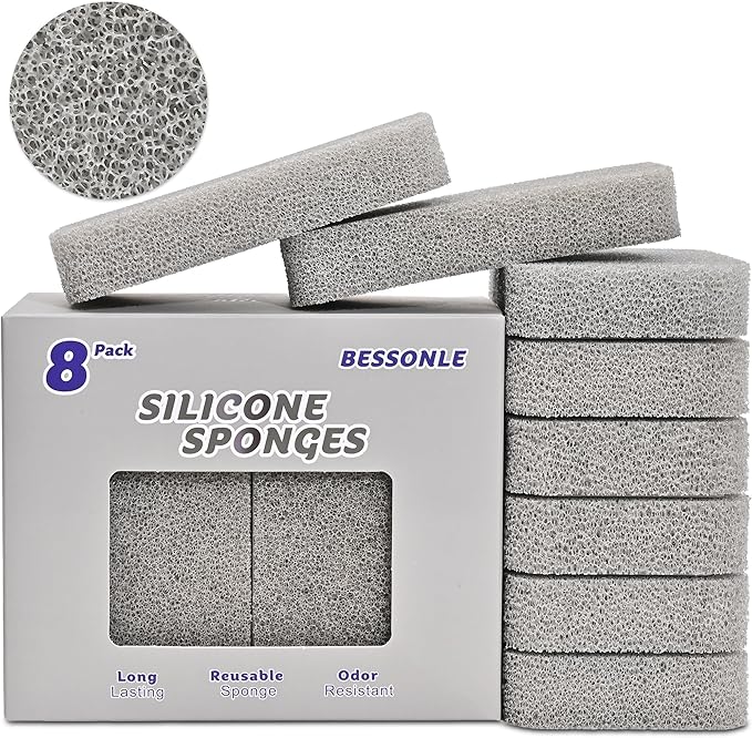 8 Pack Silicone Scrubbing Sponges, Heavy-Duty, Non-Scratch Kitchen Sponges - Reusable, Odor-Free, Perfect as for Cleaning Dishes, Non-Stick, Countertops (Grey)