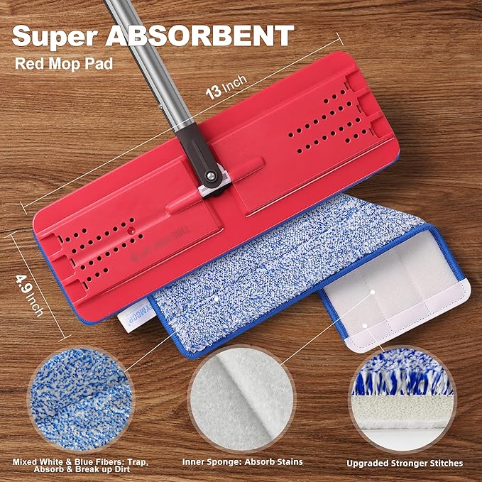 JOYMOOP Flat Mop, Microfiber Mops for Floor Cleaning and Wall Cleaner, 60" Long Handle with Flexible 13" Flat Head with a Microfiber Mop Pad - Black & Red