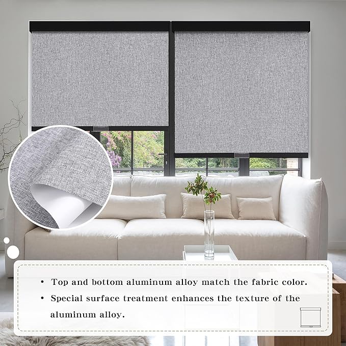 Cordless Blackout Roller Shades Blinds for Windows Free-Stop,Pull Down Room Darkening with Valance,Thermal Insulated Woven Fabric Window Door Blinds for Home,Office,Heather Grey 24" W x 72" H