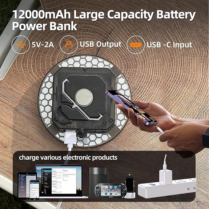 12000mAh (45W) Camping Hanging Tent Light Emergency Power Outage Lantern Home Use 4000LM 3 Modes IPX5 Waterproof Outdoor Walking Rock Climbing Work Rechargeable Camping Light