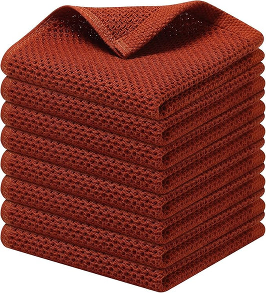 Kitinjoy 100% Cotton Kitchen Dish Cloths, 8 Pack Waffle Weave Ultra Soft Absorbent Dish Towels for Drying Dishes Quick Drying Kitchen Towels Dish Rags, 12 X 12 Inches, Rust
