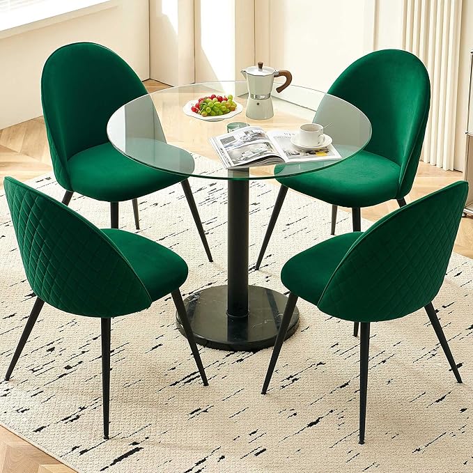 Round Dining Room Table Set for 4, 5 PCS Glass Tulip Kitchen Table Set, Marble Base Living Coffee Table with Upholstered Dining Chairs Luxury Comfy Accent Side Chairs for Small Spaces
