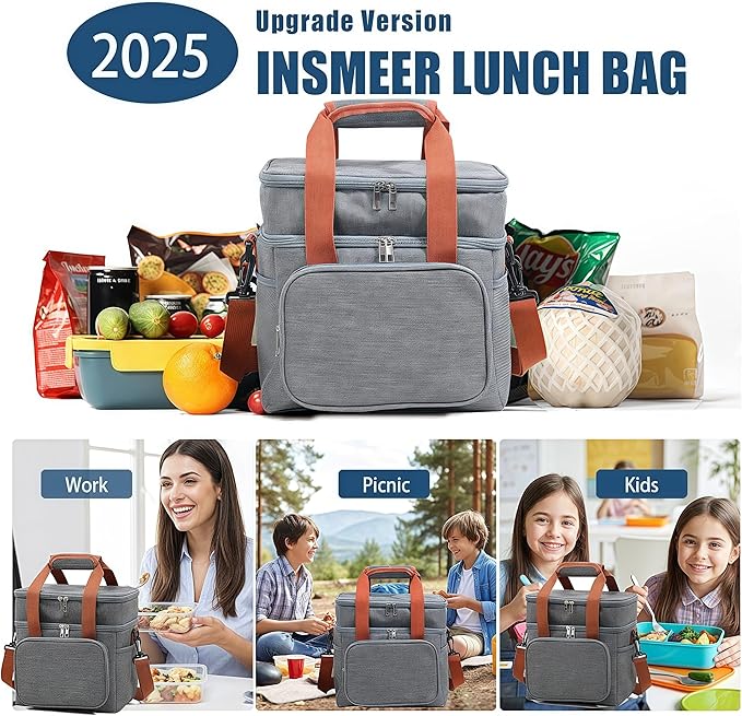 16 litres Insulated Lunch Bag for Men & Women, 2 Deck Lunch Box with Leak-Proof, Insulated Cooler Bag, Reusable Lunch Tote, with Adjustable Shoulder Strap for Office Picnic Hiking Beach