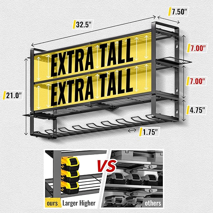 Large Power Tool Organizer Wall Mount, Heavy Duty Metal Tool Storage Rack Loads 400lbs, 8 Cordless Drill Holder 4 Layer, Battery Tools Hanger with Charging Station Shelf for Garage Organization