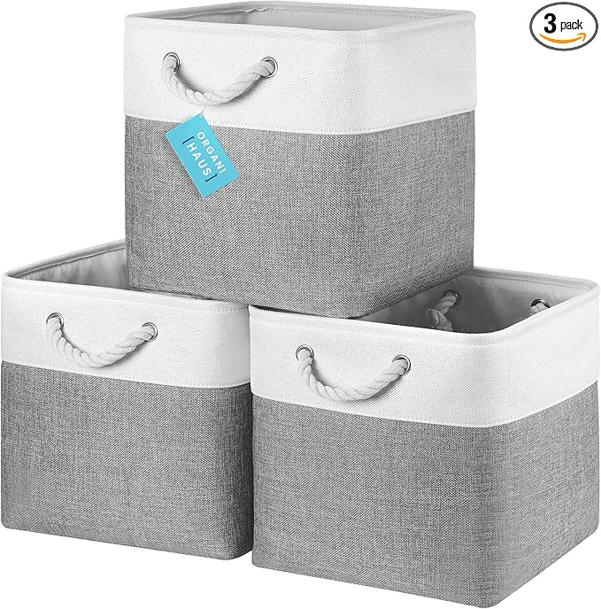 OrganiHaus 12x12 Cube Storage Bins 3 Pack, Foldable Cube Storage Organizer w/ Rope Handles, Collapsible Fabric Bins for Toys, Clothes & Closet Organization, Fabric Square Baskets - Gray/White