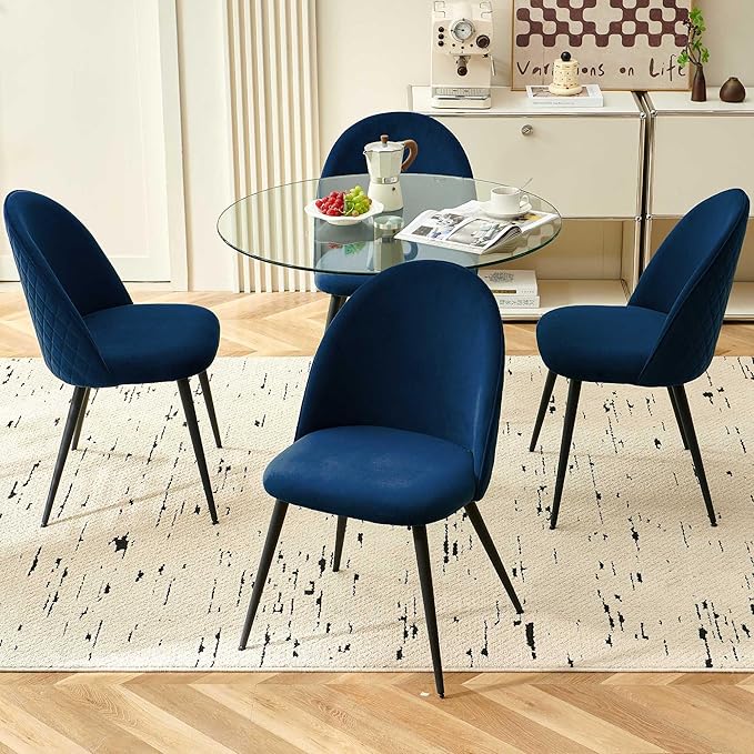 5-Pieces Small Round Kitchen Dining Table Set for 4, Contemporary Glass Dining Room Breakfast Table Set with Upholstered Dining Accent Chairs Curved Backrest, Dinette Set for Apartment