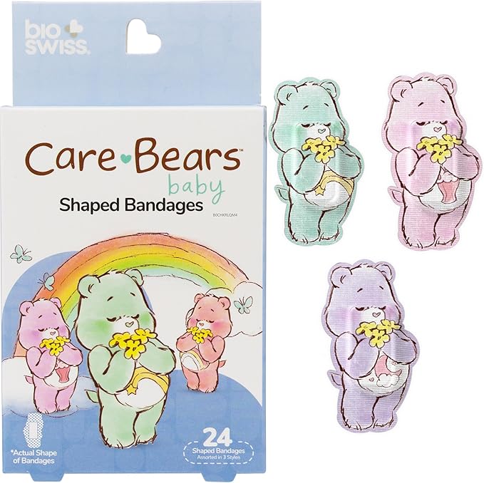 BioSwiss Care Bears Kids Bandages, Baby Care Bear Shaped Self Adhesive Bandage Set, Latex Free, Sterile Wound Care, 24 Count
