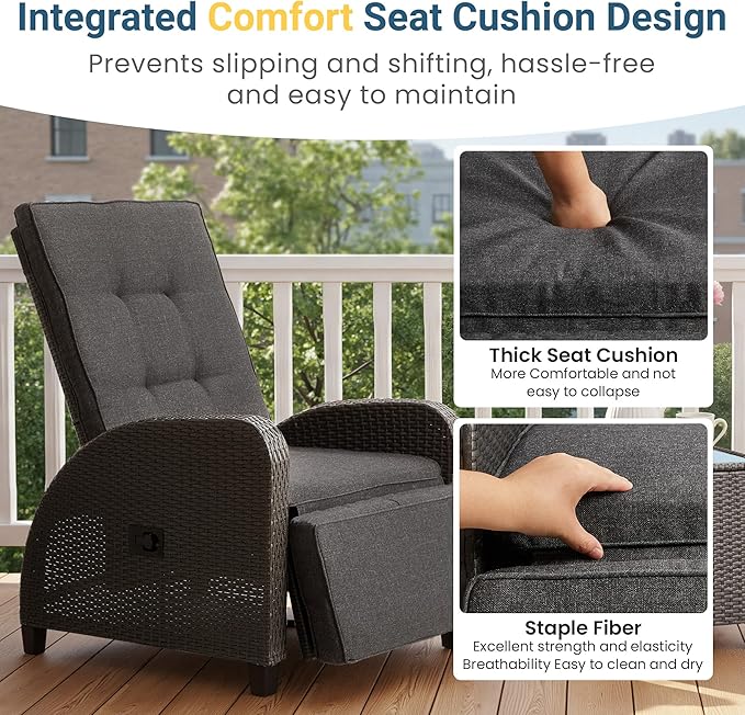 Green4ever 3-Peices Outdoor Patio Recliner with Independently Adjustable Backrest, All-Weather Wicker Patio Chair with Side Table, 160° Lay Flat Patio Reclining Lounge Chair for Backyard Garden, Grey
