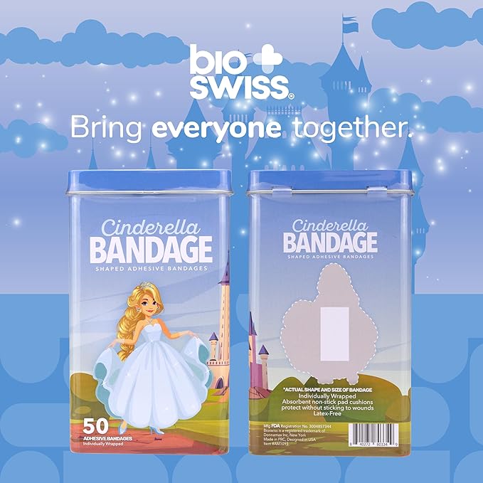 BioSwiss Kids Bandages, Princess Cinderella Shaped Self Adhesive Bandage Set, Latex Free, Sterile Wound Care, 50 Count